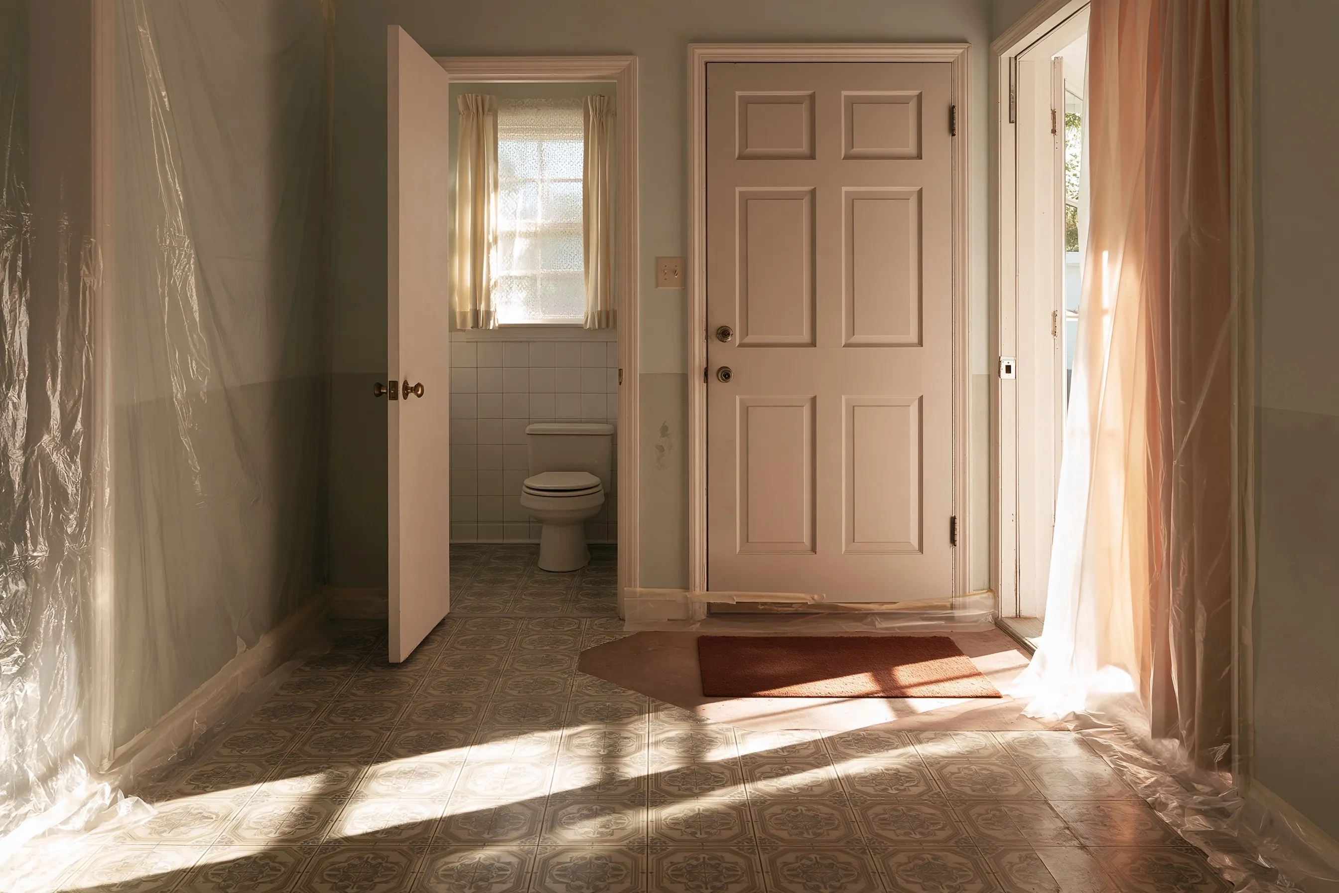 Front hall of a 1960s house with patterned sheet vinyl cut back, plastic on the walls and a half bath door open