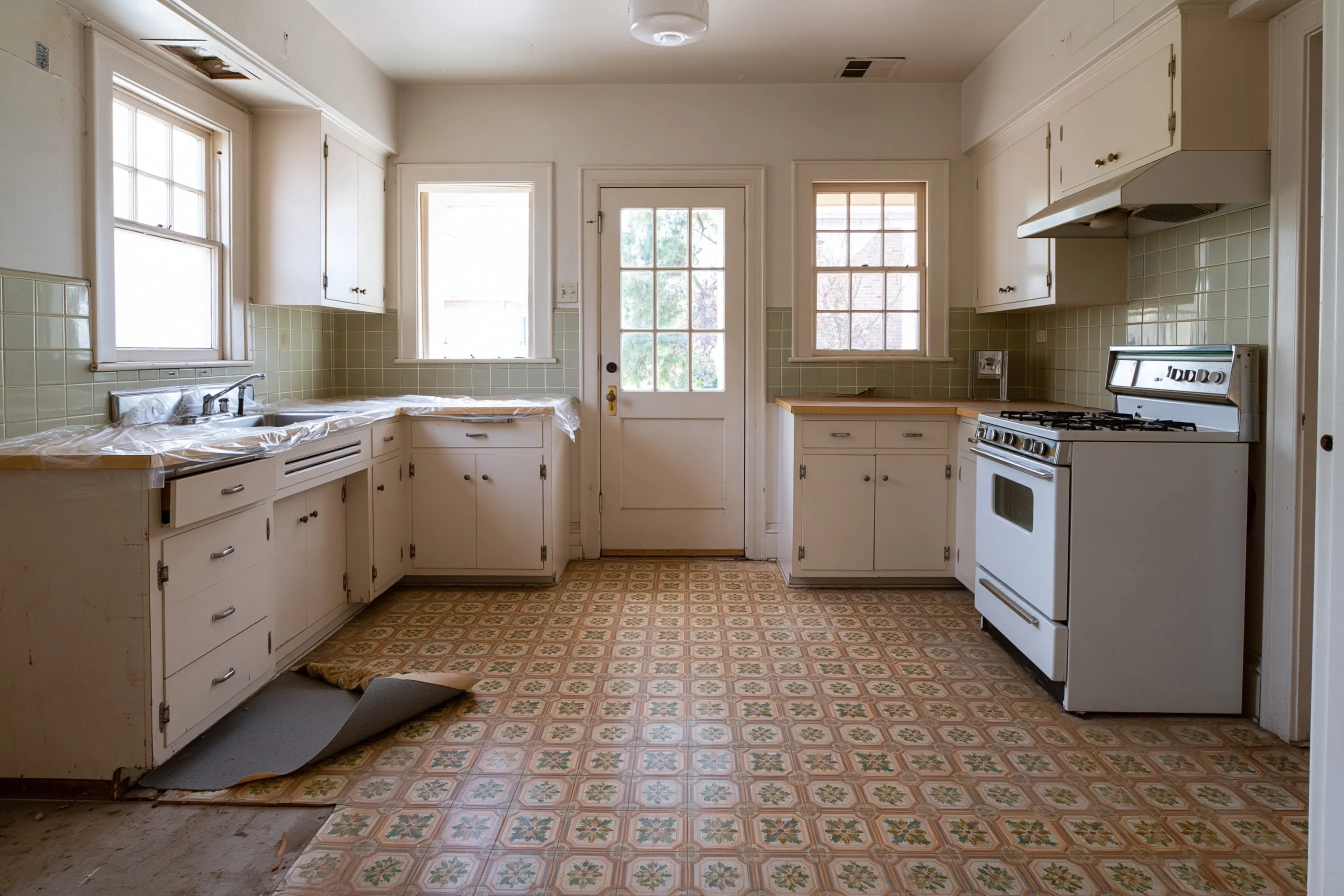 A 1960s kitchen floor with sheet vinyl peeled up at one edge to show its gray felt backing