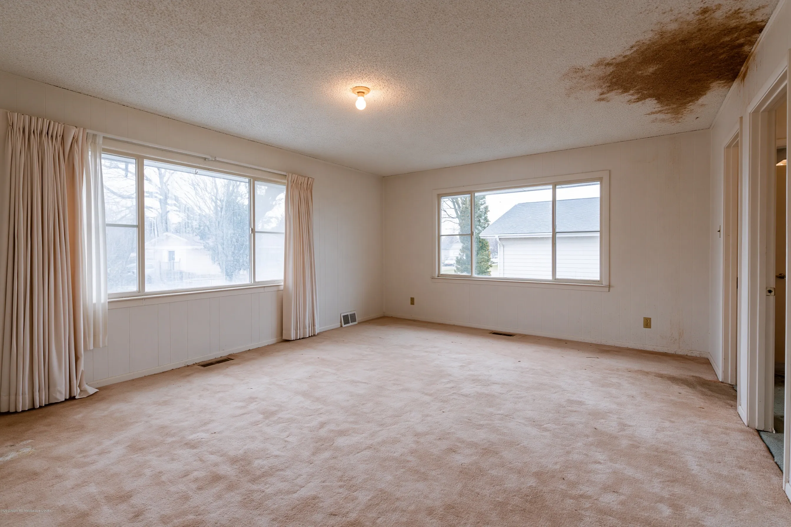Emptied 1970s bedroom with a popcorn ceiling marked by a brown water stain