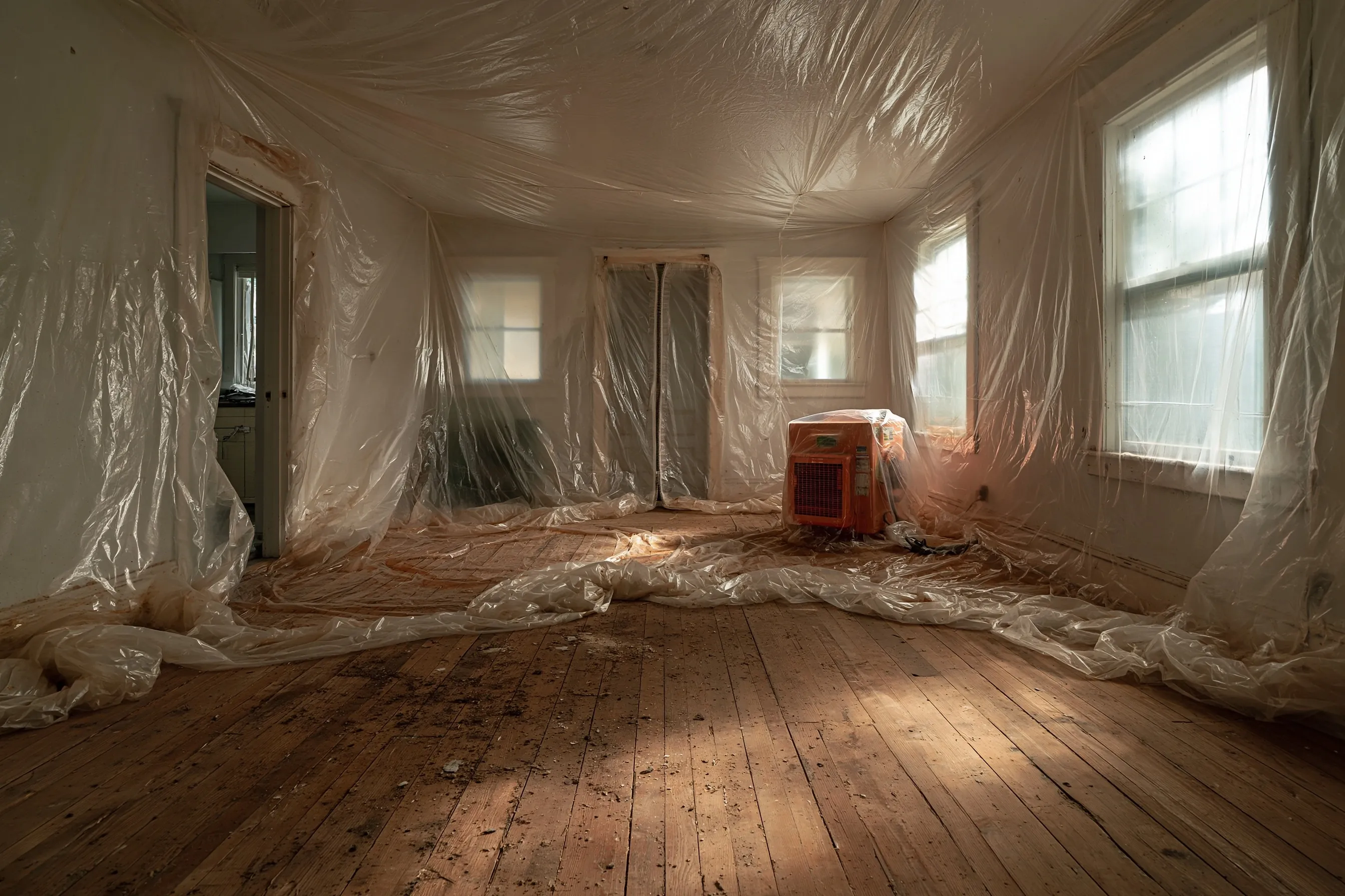 Room sealed for abatement with clear plastic covering the walls, floor and windows