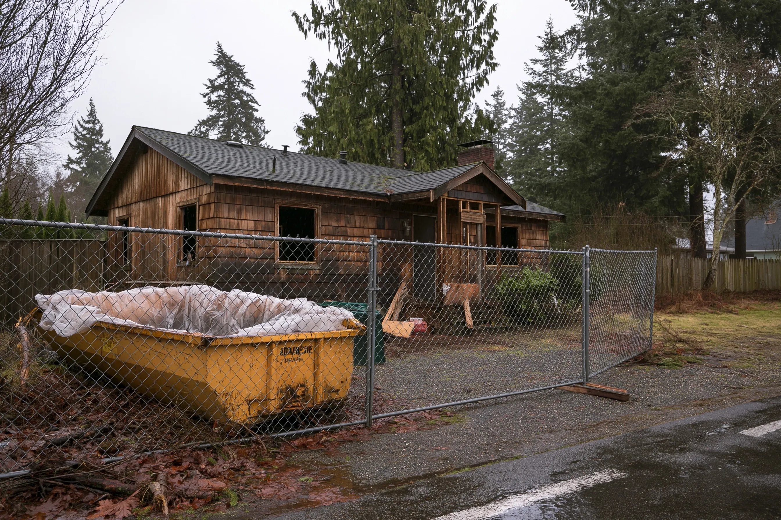 Older wood-sided house fenced off for demolition, with a plastic-lined dumpster, wet gravel and fir trees under a gray sky
