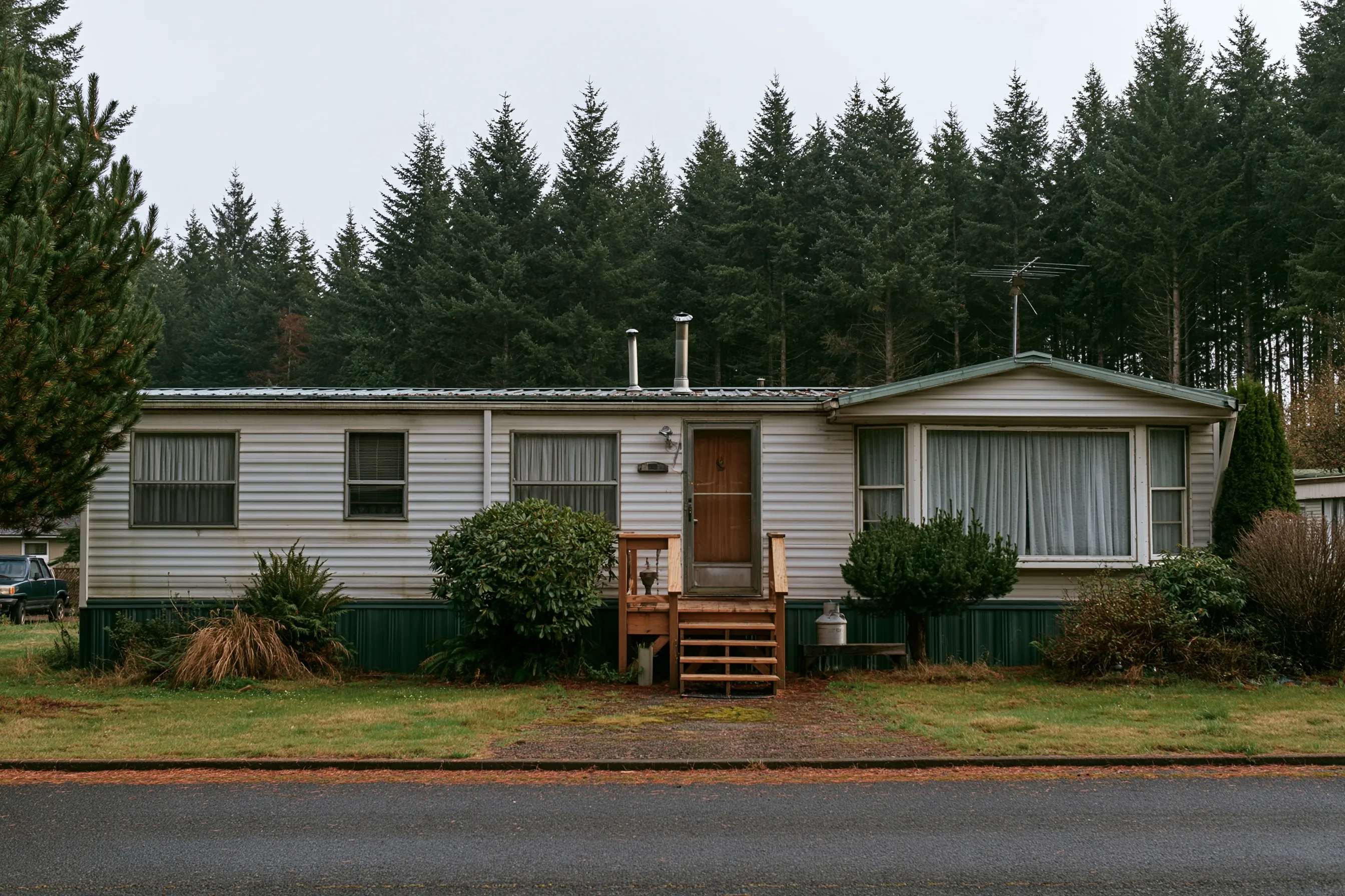 Older 1970s single-wide manufactured home with metal siding, skirting and small porch steps, fir trees behind and an overcast sky