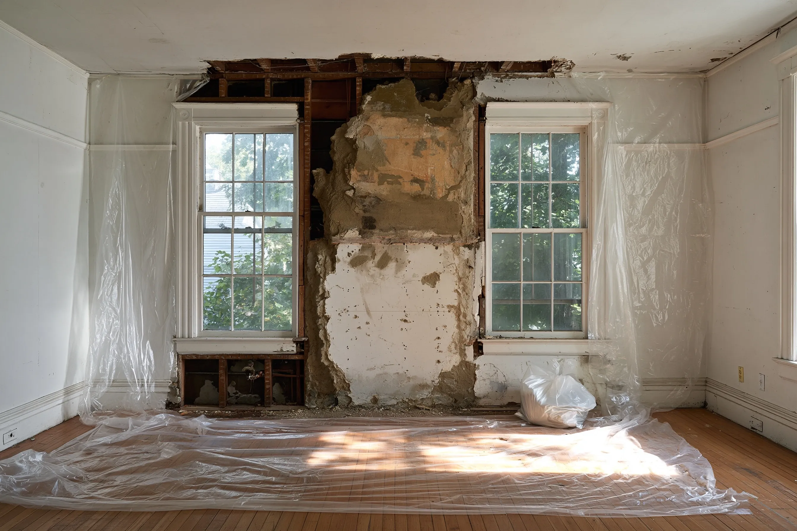 Older interior wall opened during a remodel, showing plaster, drywall and joint compound
