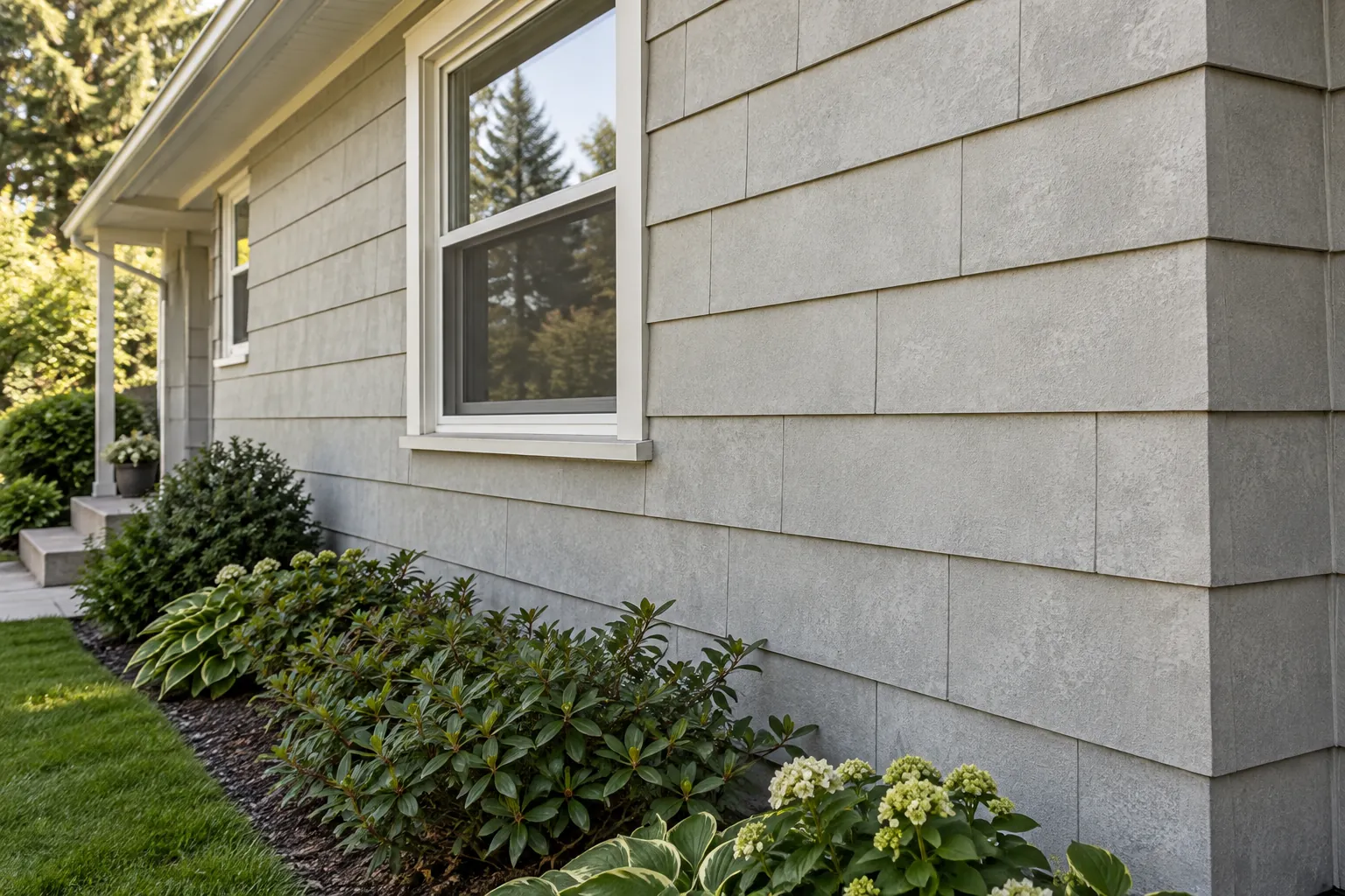Exterior wall of a house covered in gray cement-shingle siding